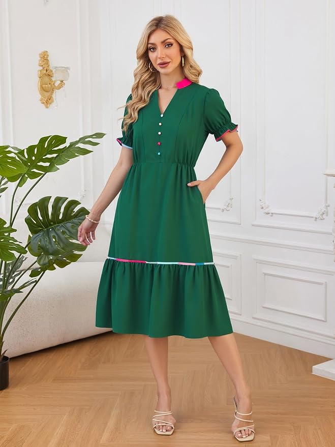 ECOWISH Women Summer Casual Dress - V Neck Short Sleeve Gingham Midi Pleated Tiered Loose Fit Holiday Picnic Dresses - Image 2