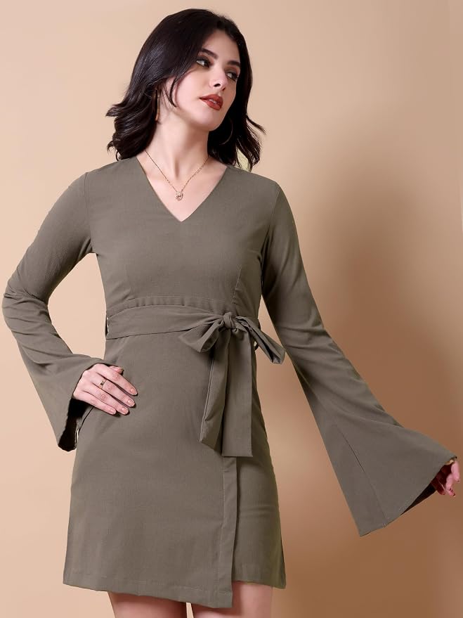 Black Banana Bell Sleeve Tie Waist Fit & Flare Mini Dress for Women & Girls - Image 2