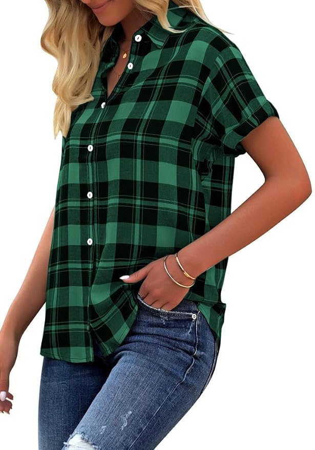GeGekoko Women's Plaid Blouse Short Sleeve Tops Casual Loose V-Neck Shirt Blouse for Buttons Summer Tunic T-Shirt Tops | Casual loose fit, button up shirt blouse, summer tunic, T-shirt tops - Image 2