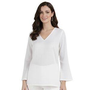 Women White Cotton V-Neck Flare Sleeve Top | Regular fit with a Relaxed Silhouette | Soft Breatable Kurta for Office & Casual use | 100% Pure Cotton
