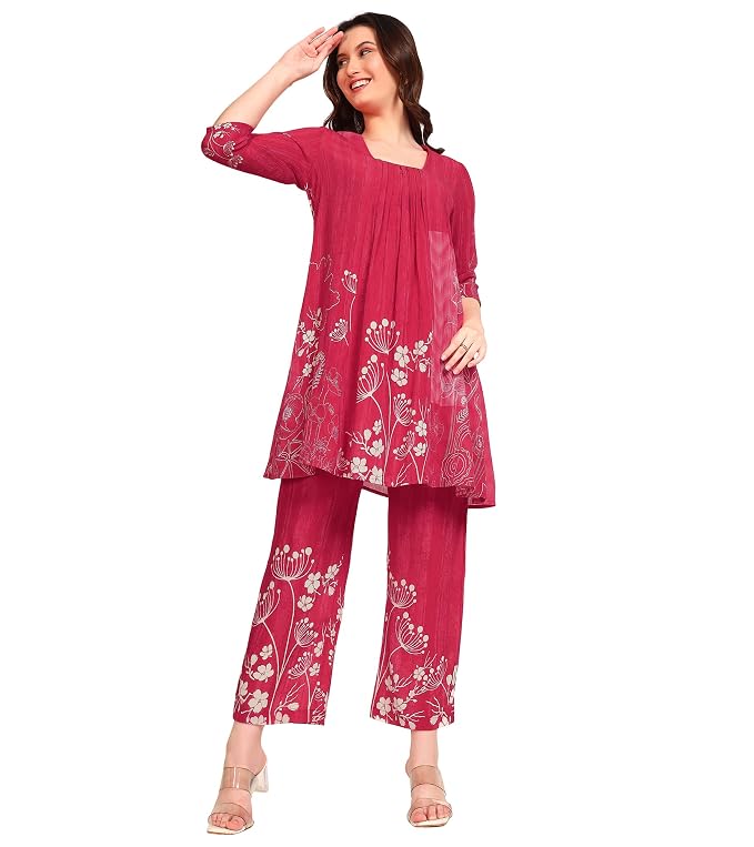DEEBACO Women's Floral Rayon Ankle Length Tunic & Trouser|Square Neck|Cord Set for Women Fashion|Long Jumpsuits Western Dress for Women Stylish|Latest Two Piece Co ord Set|Party Casual Wear(Red)