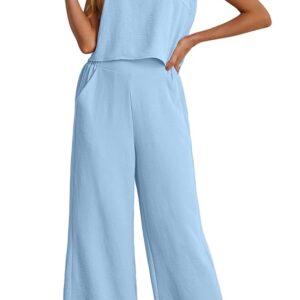 IWOLLENCE Women's Summer 2 Piece Outfits Set Round neck Sleeveless Tank Crop Top Wide Leg pants Set Pockets Jumpsuits