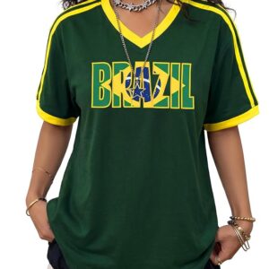 Brazil Shirt for Women Y2K Short Sleeve T Shirts Brazil Jersey Contrast Binding V Neck Regular Fit Tee Tops