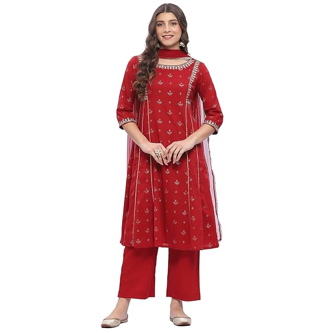 Biba Women 100% Cotton 3/4 Sleeve Round Neck Kalidar Printed Suit Set