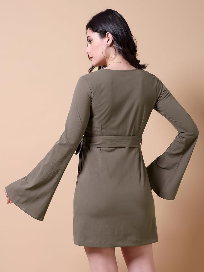 Black Banana Bell Sleeve Tie Waist Fit & Flare Mini Dress for Women & Girls - Image 3
