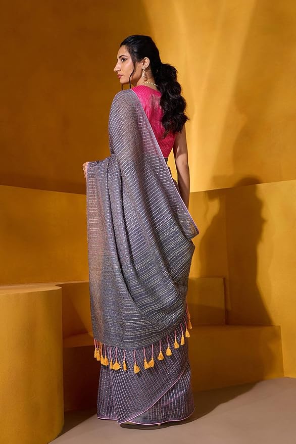 Taneira Women Grey Tissue Linen Embroidered Saree with Unstitched Blouse Piece (SABLBCHIC0101-Grey) - Image 3