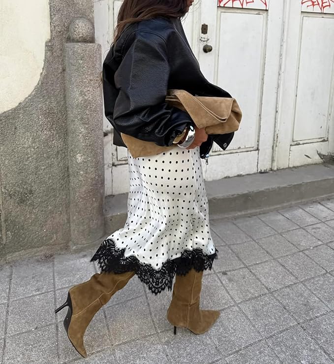 Women Polka Dot Satin Lace Skirt Silk Lace Trim Long Skirts A Line Vintage Y2k Going Out Streetwear - Image 2