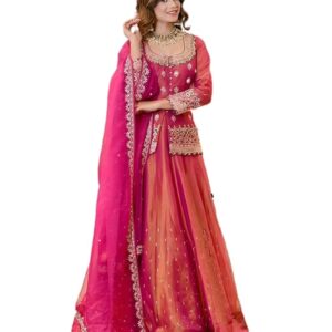 Suppar Sleave Women’s Chanderi Silk Embroidered Kurta Set with Lehenga Style Bottom & Dupatta | Bollywood Style Embroidery lehenga Choli Set For Woman