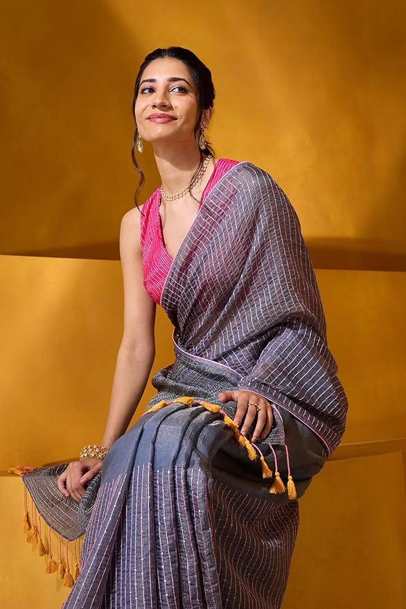 Taneira Women Grey Tissue Linen Embroidered Saree with Unstitched Blouse Piece (SABLBCHIC0101-Grey) - Image 5