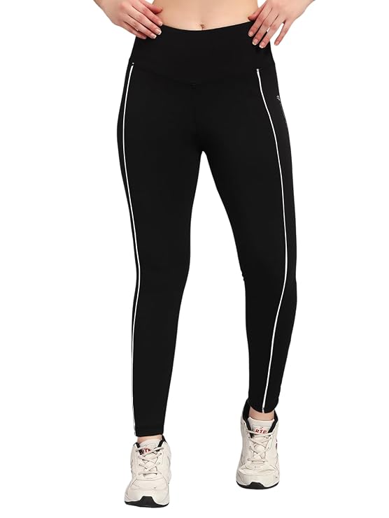 Women High Waist Ankle Length Yoga Tights with Side Piping | Nylon Slim Fit 4 Way Stretch Leggings | Workout Gym Running Training Activewear Pants for Women Comfortable Fit