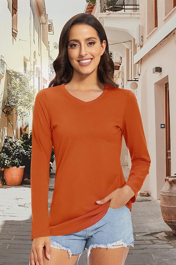 TACVASEN Women's Long-Sleeved V-Neck Shirts Casual Tops Cotton T-Shirt Basic Tees - Image 3