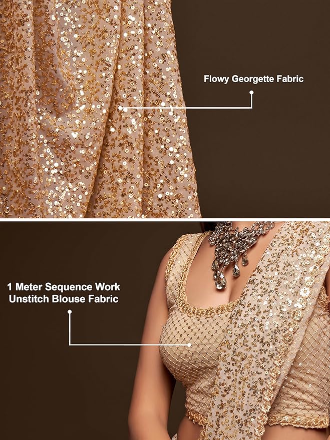 TRENDMALLS Women's Georgette Heavy Sequins Work Heavy Saree with Blouse (Latest-Sequins-Party-Saree) - Image 2