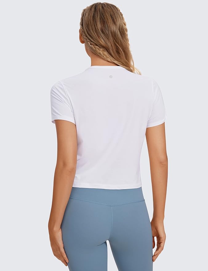 CRZ YOGA Women's Pima Cotton Short Sleeve Crop Tops High Neck Cropped Workout Shirts Yoga Athletic Casual T-Shirt - Image 2