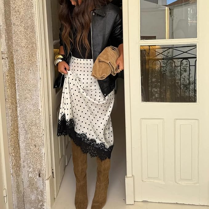 Women Polka Dot Satin Lace Skirt Silk Lace Trim Long Skirts A Line Vintage Y2k Going Out Streetwear - Image 3