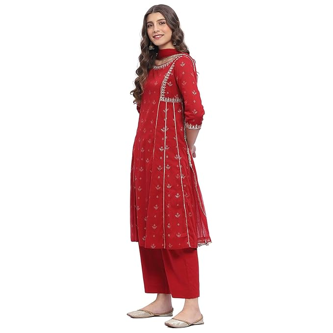 Biba Women 100% Cotton 3/4 Sleeve Round Neck Kalidar Printed Suit Set - Image 4