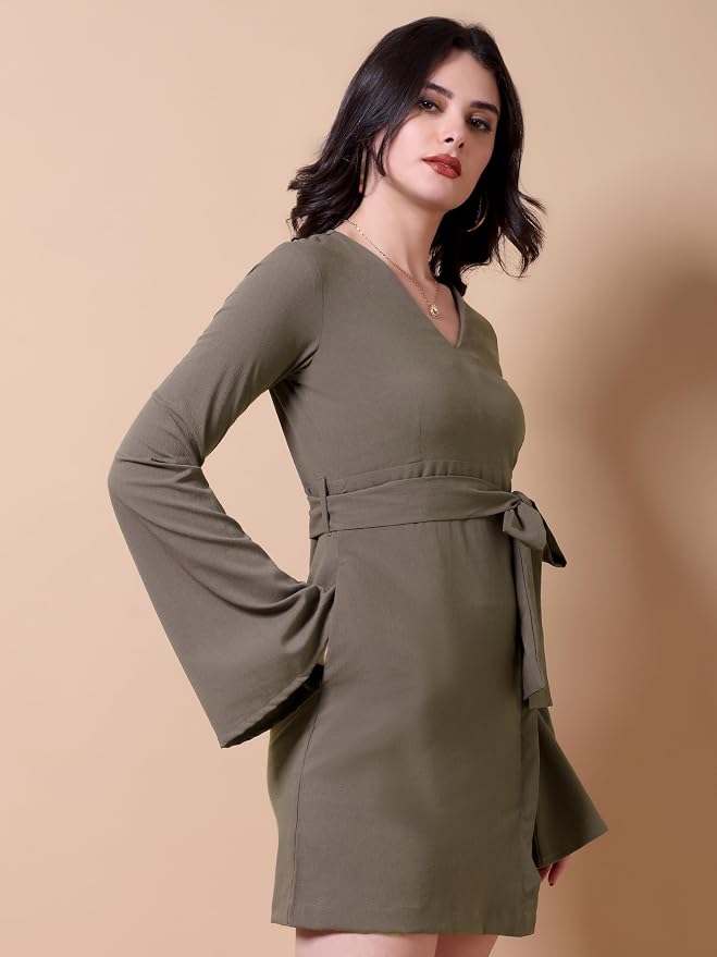 Black Banana Bell Sleeve Tie Waist Fit & Flare Mini Dress for Women & Girls - Image 4