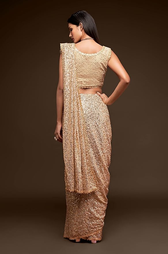 TRENDMALLS Women's Georgette Heavy Sequins Work Heavy Saree with Blouse (Latest-Sequins-Party-Saree) - Image 3