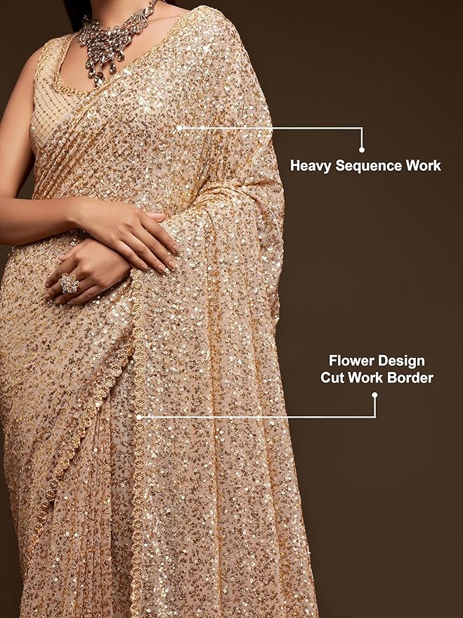 TRENDMALLS Women's Georgette Heavy Sequins Work Heavy Saree with Blouse (Latest-Sequins-Party-Saree) - Image 4