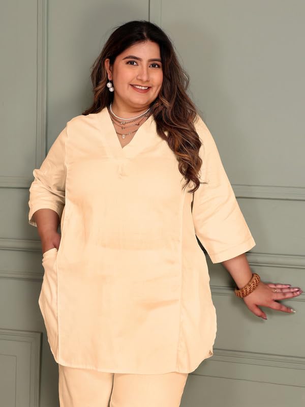 Women Plus Size Cotton Silk Co-Ord Set | V-Neck Tunic & Trouser Set | Princess Cut Top with Pockets | Elastic Waist Trousers | 3XL to 8XL | Plus Size Casual Wear Outfit - Image 2