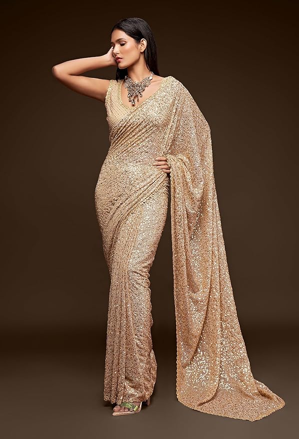 TRENDMALLS Women's Georgette Heavy Sequins Work Heavy Saree with Blouse (Latest-Sequins-Party-Saree) - Image 5