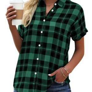 GeGekoko Women's Plaid Blouse Short Sleeve Tops Casual Loose V-Neck Shirt Blouse for Buttons Summer Tunic T-Shirt Tops | Casual loose fit, button up shirt blouse, summer tunic, T-shirt tops