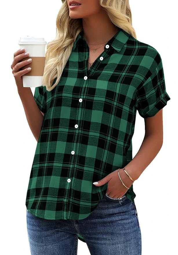 GeGekoko Women's Plaid Blouse Short Sleeve Tops Casual Loose V-Neck Shirt Blouse for Buttons Summer Tunic T-Shirt Tops | Casual loose fit, button up shirt blouse, summer tunic, T-shirt tops