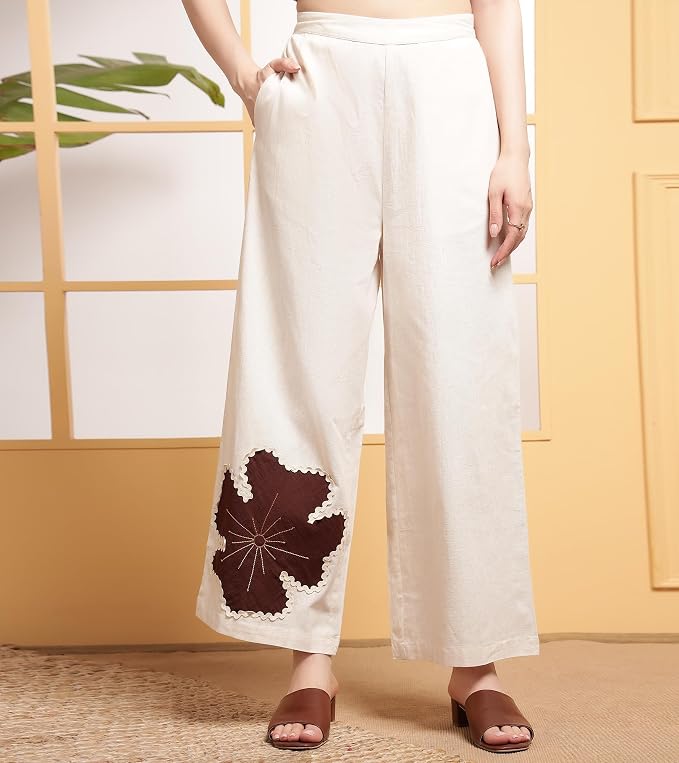 DEEBACO Women's Solid Ankle Length Top with Trouser|Split Neck|Cord Set for Women Cotton|Long Jumpsuits Western Dress for Women Stylish Two Piece Co ord Set|Party Casual Wear(Off White) - Image 3