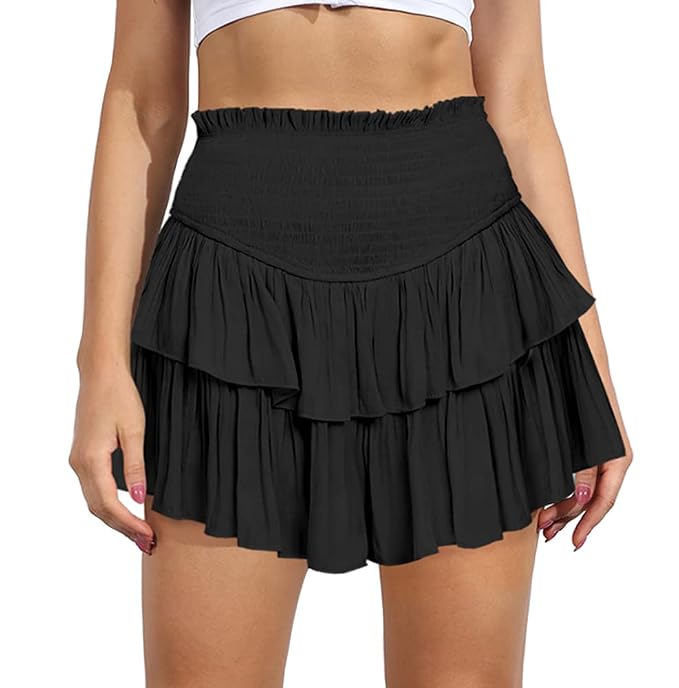 MiiVoo Women’s Summer High Waist Ruffle Short Mini Skirts Elastic Waist Solid Lined Layered Flared Pleated Beach Short Skirt