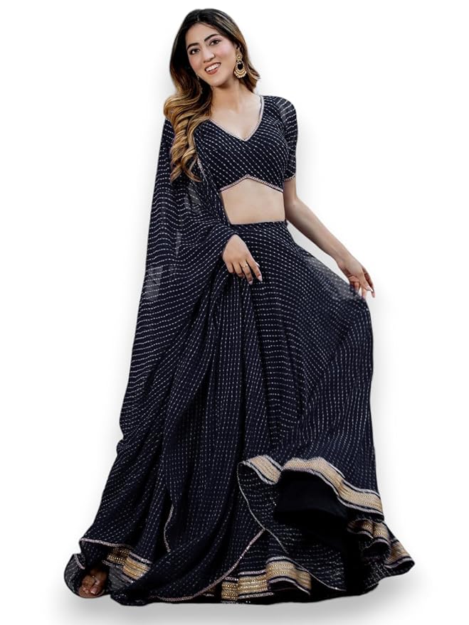 Zeel Clothing Women's Leheriya Print Pure Georgette New Semi Stitched Lehenga Choli With Dupatta (Latest-Stylish-Wedding-Designer-New)