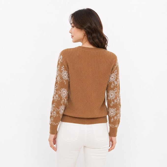 Women’s Textured Knit Top with Embroidered Lace Sleeves | Full Sleeve Casual Wear Top for Women | Round Neck Elegant T-Shirt - Image 2