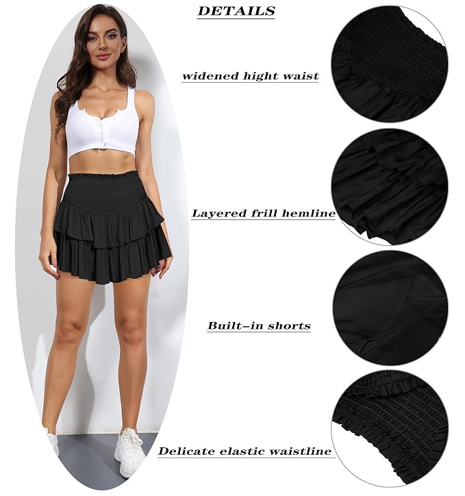 MiiVoo Women’s Summer High Waist Ruffle Short Mini Skirts Elastic Waist Solid Lined Layered Flared Pleated Beach Short Skirt - Image 4
