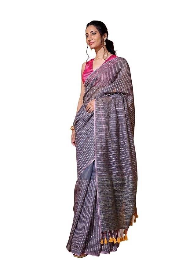 Taneira Women Grey Tissue Linen Embroidered Saree with Unstitched Blouse Piece (SABLBCHIC0101-Grey)