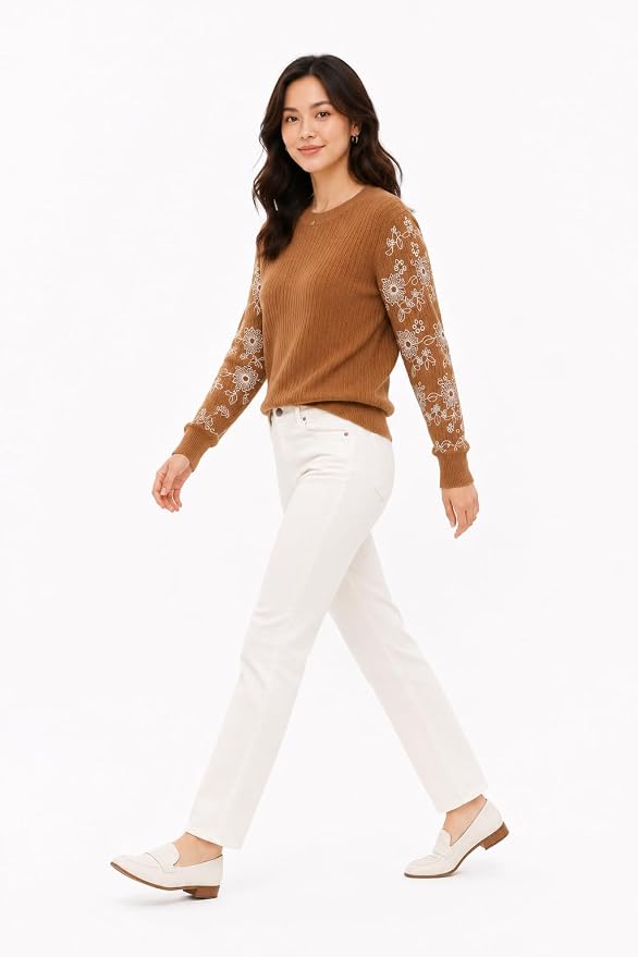 Women’s Textured Knit Top with Embroidered Lace Sleeves | Full Sleeve Casual Wear Top for Women | Round Neck Elegant T-Shirt - Image 3