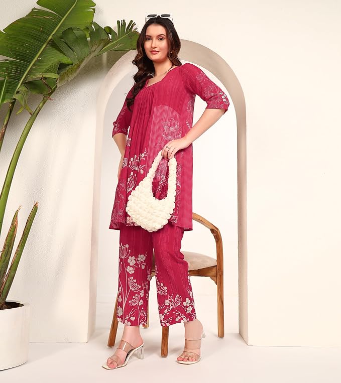 DEEBACO Women's Floral Rayon Ankle Length Tunic & Trouser|Square Neck|Cord Set for Women Fashion|Long Jumpsuits Western Dress for Women Stylish|Latest Two Piece Co ord Set|Party Casual Wear(Red) - Image 3