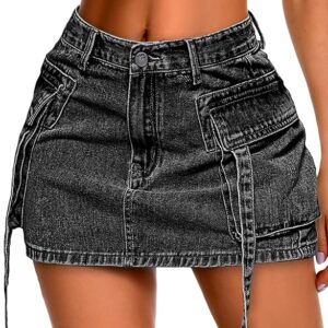 ELLEVEN High Stretch Denim Cargo Skirt for Women, Low Waist Y2k Mini Jean Skirt Cute Skirt with Pockets