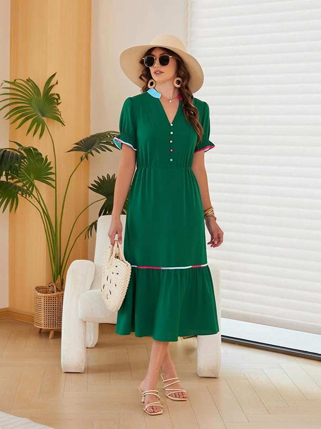 ECOWISH Women Summer Casual Dress - V Neck Short Sleeve Gingham Midi Pleated Tiered Loose Fit Holiday Picnic Dresses - Image 4