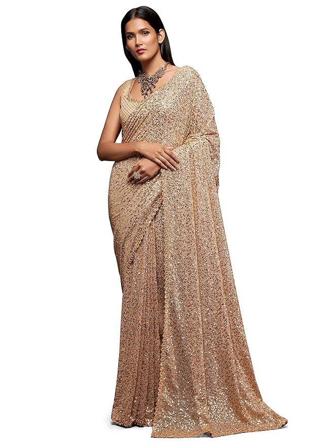 TRENDMALLS Women's Georgette Heavy Sequins Work Heavy Saree with Blouse (Latest-Sequins-Party-Saree)