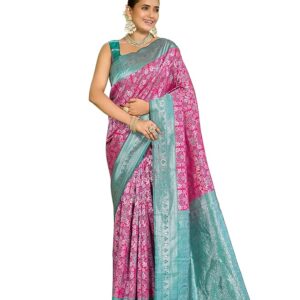 MANOHARI Women's Banarasi Soft Satin Silk Saree with Rich Zari Woven Floral Design, Contrast Border & Tassels | Wedding Saree with Blouse Piece