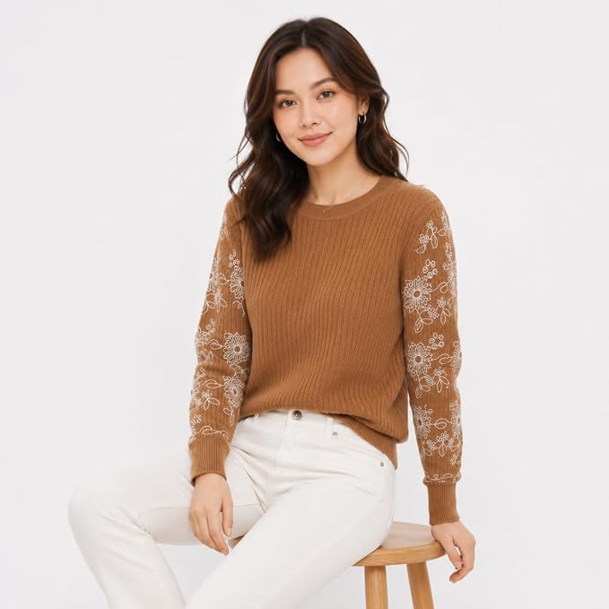 Women’s Textured Knit Top with Embroidered Lace Sleeves | Full Sleeve Casual Wear Top for Women | Round Neck Elegant T-Shirt - Image 4