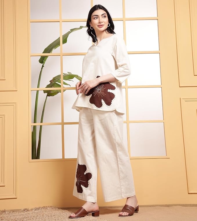DEEBACO Women's Solid Ankle Length Top with Trouser|Split Neck|Cord Set for Women Cotton|Long Jumpsuits Western Dress for Women Stylish Two Piece Co ord Set|Party Casual Wear(Off White) - Image 4