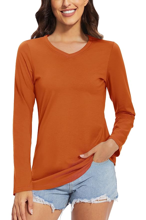 TACVASEN Women's Long-Sleeved V-Neck Shirts Casual Tops Cotton T-Shirt Basic Tees
