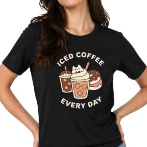 ELVIA Women's Pure Cotton Graphic Printed T-Shirt | Iced Coffee Every Day Print Casual Tee | Regular Fit Half Sleeve Round Neck Top for Women and Girls