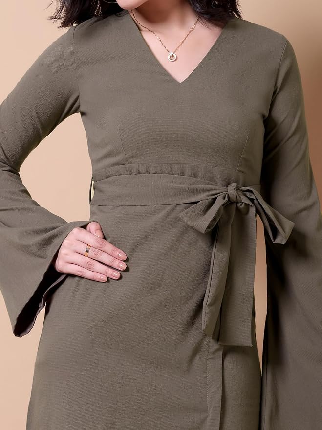 Black Banana Bell Sleeve Tie Waist Fit & Flare Mini Dress for Women & Girls - Image 7
