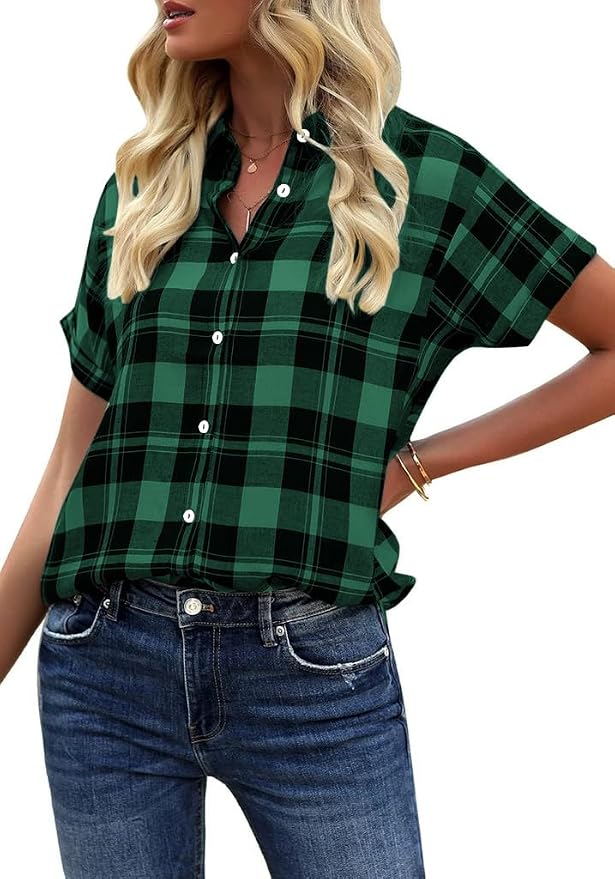 GeGekoko Women's Plaid Blouse Short Sleeve Tops Casual Loose V-Neck Shirt Blouse for Buttons Summer Tunic T-Shirt Tops | Casual loose fit, button up shirt blouse, summer tunic, T-shirt tops - Image 3