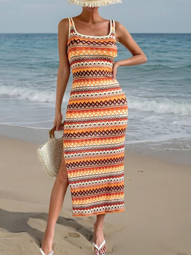 PRETTYGARDEN Tank Dress for Women 2025 Summer Casual Striped Maxi Dress Fitted Square Neck Beach Holiday Bohemian Summer Dress - Image 6