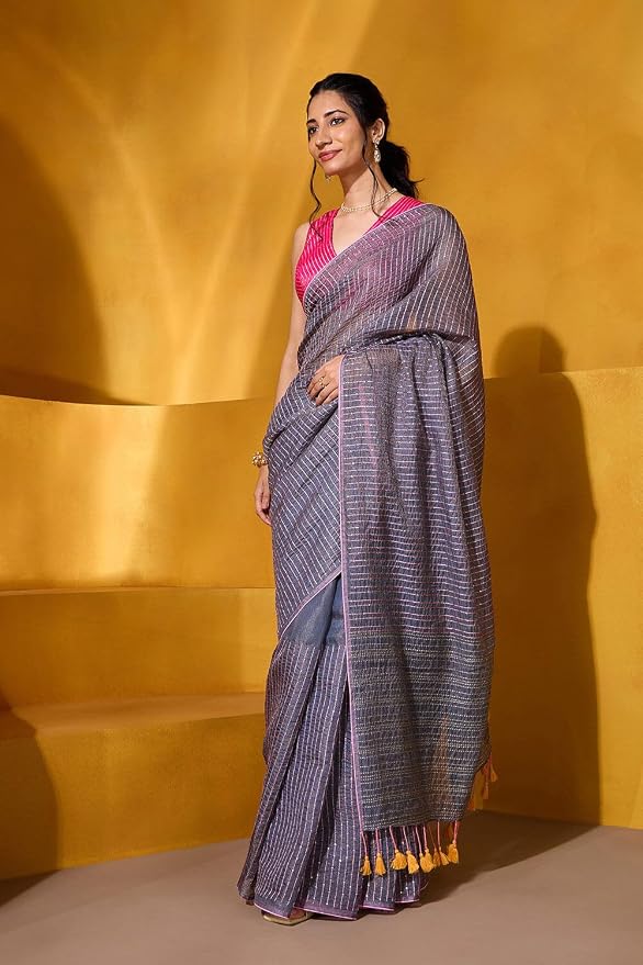 Taneira Women Grey Tissue Linen Embroidered Saree with Unstitched Blouse Piece (SABLBCHIC0101-Grey) - Image 6