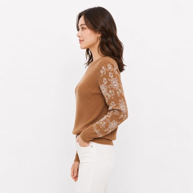 Women’s Textured Knit Top with Embroidered Lace Sleeves | Full Sleeve Casual Wear Top for Women | Round Neck Elegant T-Shirt - Image 6