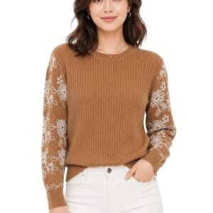 Women’s Textured Knit Top with Embroidered Lace Sleeves | Full Sleeve Casual Wear Top for Women | Round Neck Elegant T-Shirt