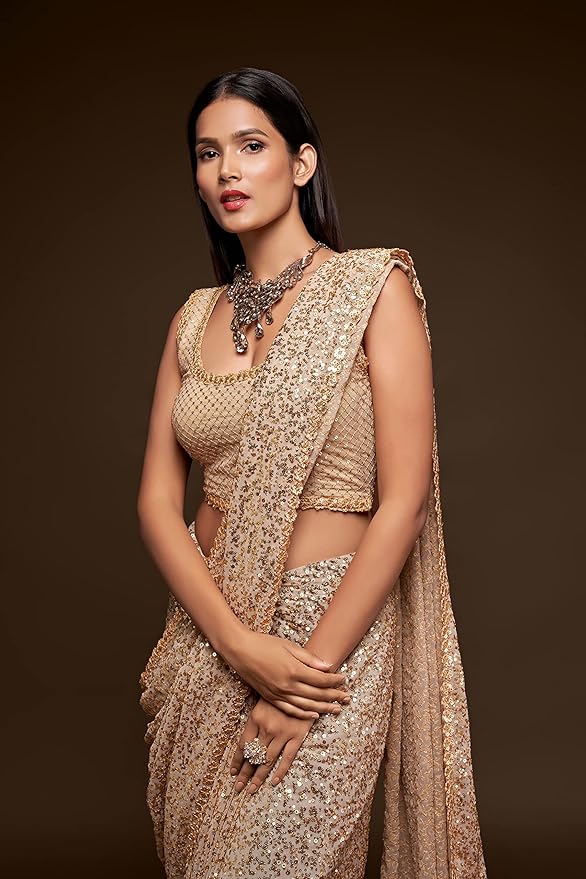 TRENDMALLS Women's Georgette Heavy Sequins Work Heavy Saree with Blouse (Latest-Sequins-Party-Saree) - Image 6