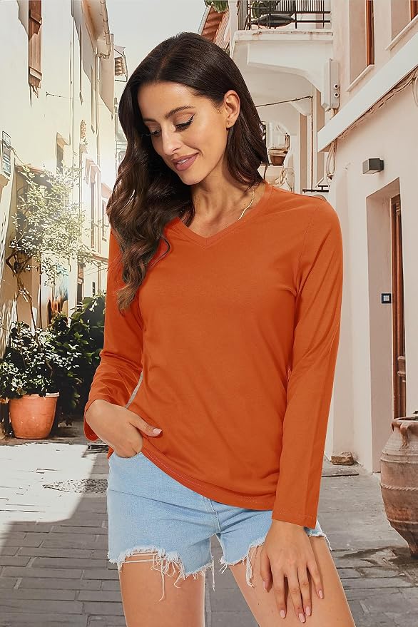 TACVASEN Women's Long-Sleeved V-Neck Shirts Casual Tops Cotton T-Shirt Basic Tees - Image 5